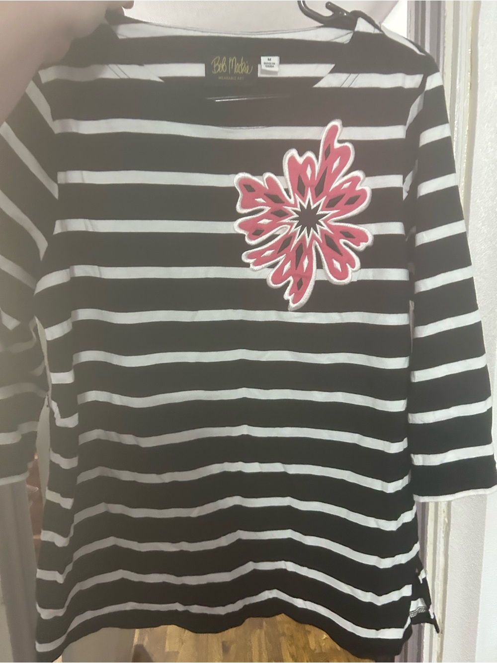 Bob Mackie Black & White Striped Long Sleeve Top with Pink Floral Patch